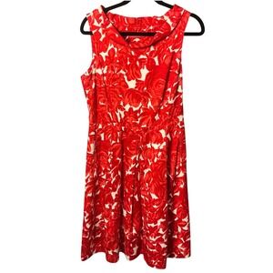 Lavia Red White Floral Rose Cotton Cowl Neck Fit Flare Dress US 10